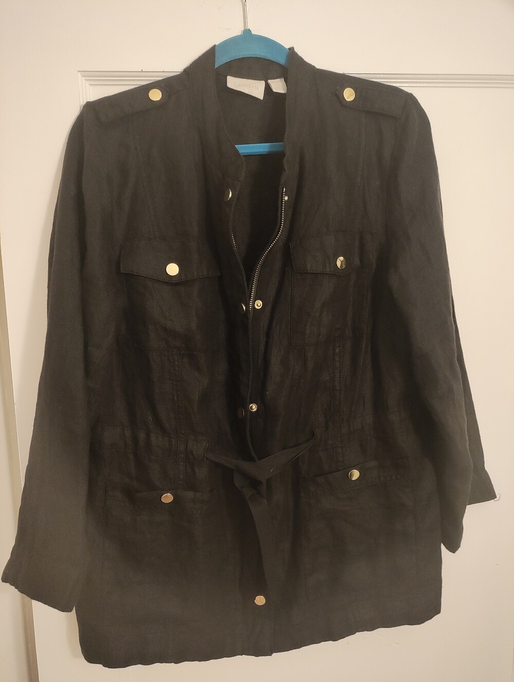 Chico's Size 2 L Black 100% Linen Utility Safari Jacket Belted Gold Hardware - Picture 4 of 5